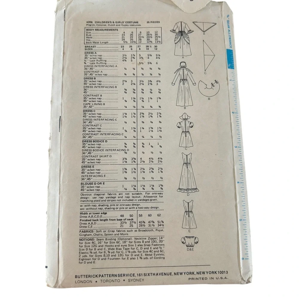 Butterick Sewing Pattern Girls Size 4 Multi Pilgrim Colonial Dutch Gypsy 4206
